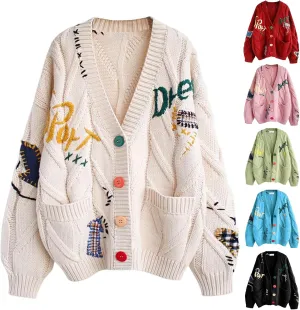 Cardigan Sweaters for Women Trendy Chunky Cable Knit Sweater V-Neck Button Down Sweaters Embroidery Open Front Coat