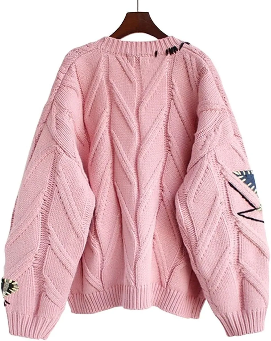 Cardigan Sweaters for Women Trendy Chunky Cable Knit Sweater V-Neck Button Down Sweaters Embroidery Open Front Coat