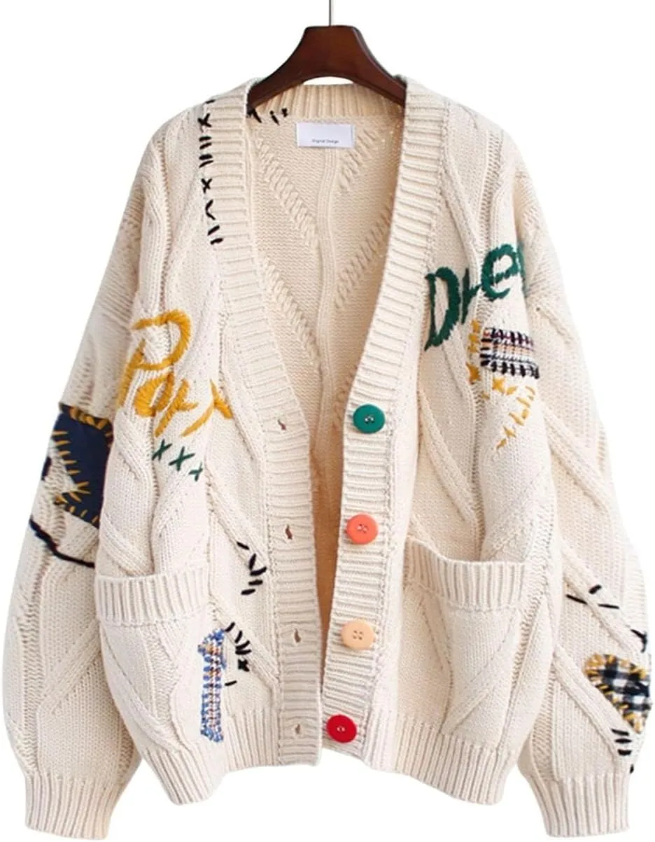 Cardigan Sweaters for Women Trendy Chunky Cable Knit Sweater V-Neck Button Down Sweaters Embroidery Open Front Coat