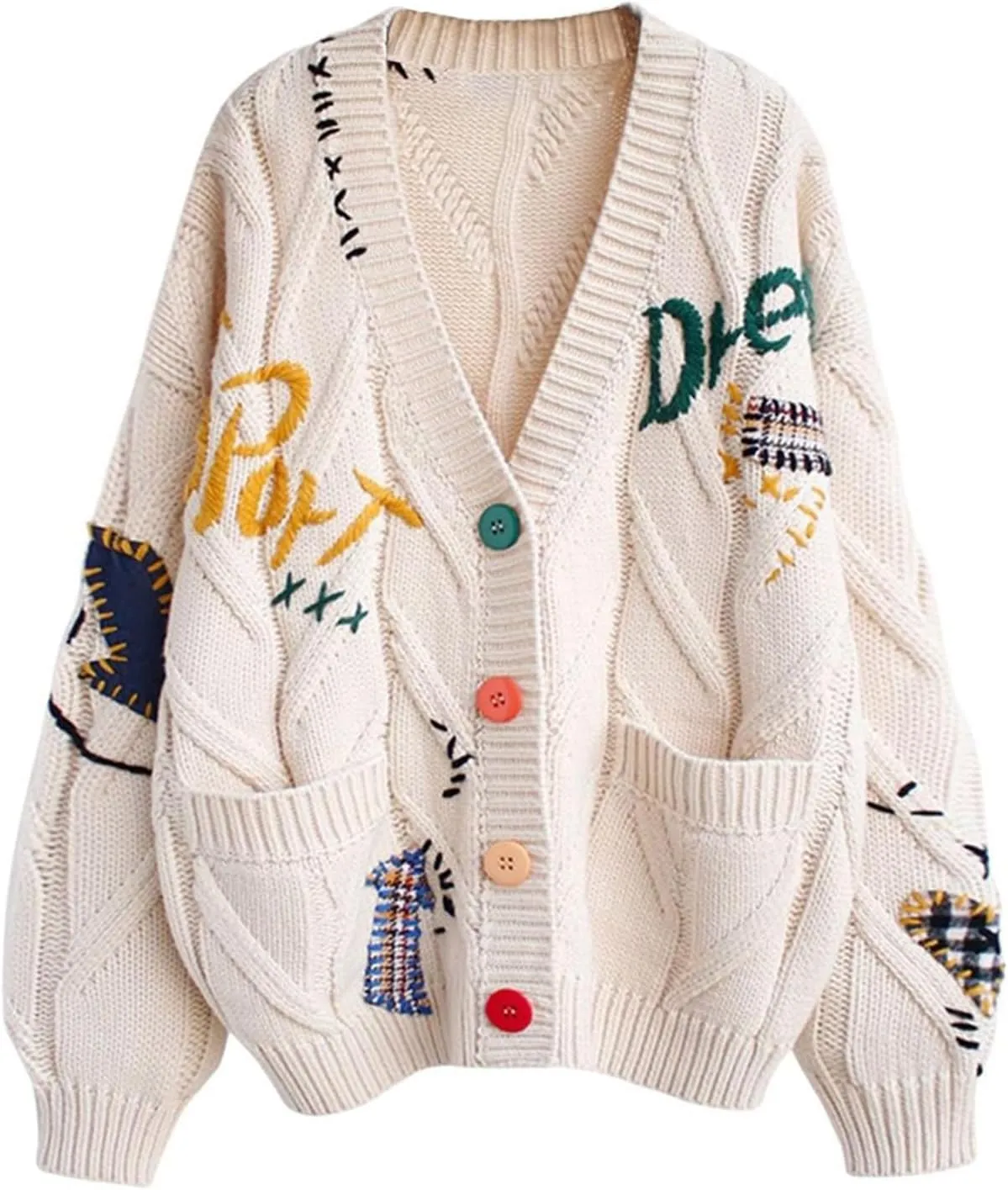 Cardigan Sweaters for Women Trendy Chunky Cable Knit Sweater V-Neck Button Down Sweaters Embroidery Open Front Coat