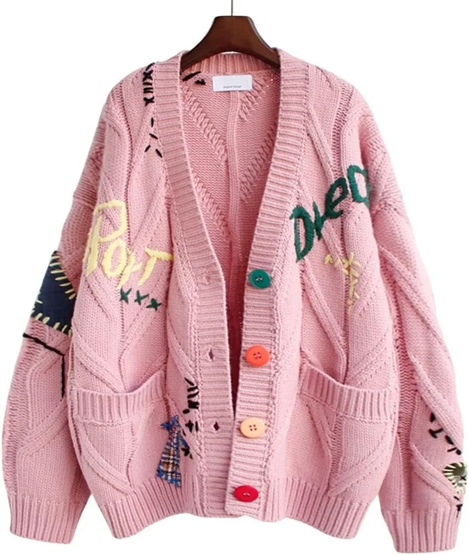 Cardigan Sweaters for Women Trendy Chunky Cable Knit Sweater V-Neck Button Down Sweaters Embroidery Open Front Coat