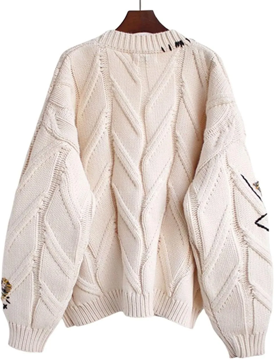 Cardigan Sweaters for Women Trendy Chunky Cable Knit Sweater V-Neck Button Down Sweaters Embroidery Open Front Coat