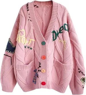 Cardigan Sweaters for Women Trendy Chunky Cable Knit Sweater V-Neck Button Down Sweaters Embroidery Open Front Coat
