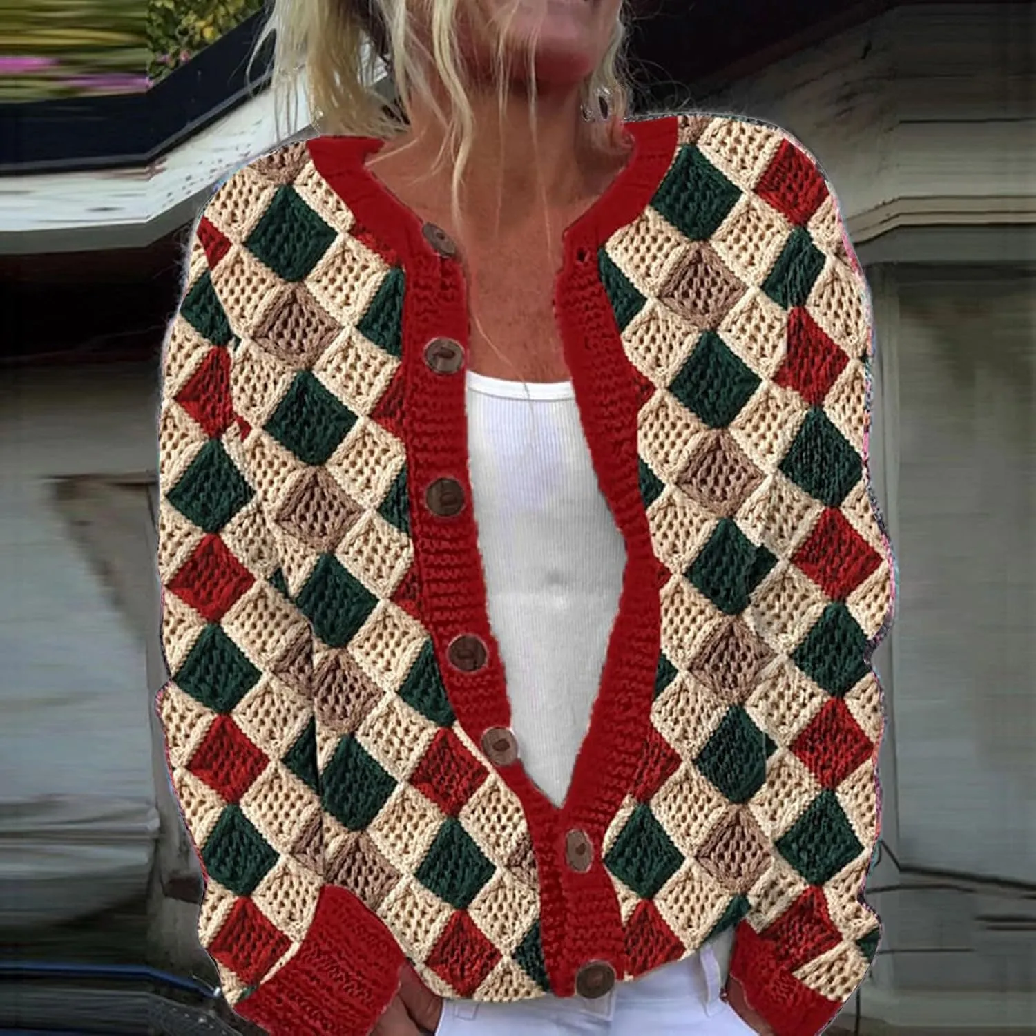 Cardigan Sweaters for Women Trendy Color Block Chunky Knit Open Front Cardigan Casual Button Down Long Sleeve Jacket