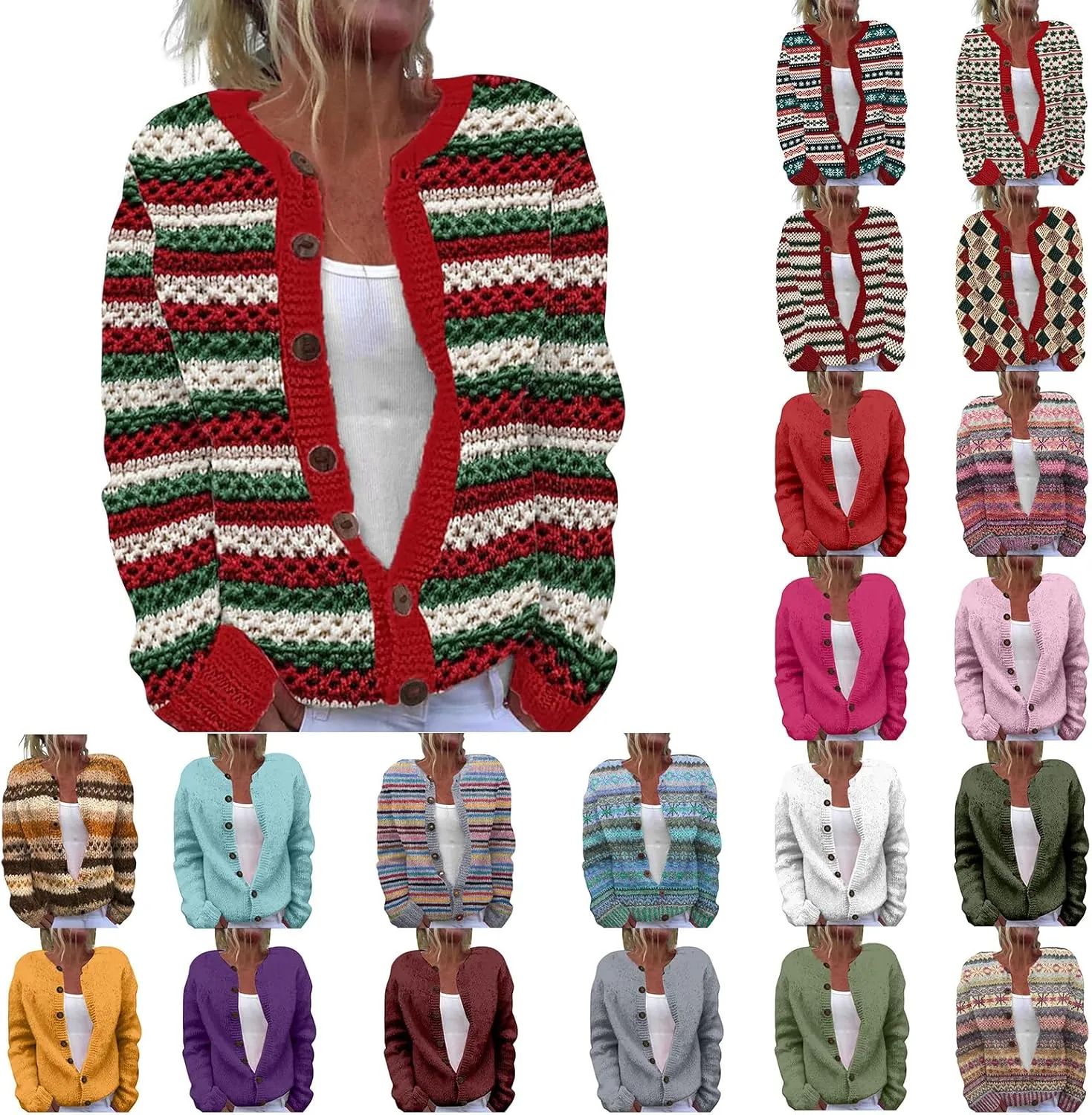 Cardigan Sweaters for Women Trendy Color Block Chunky Knit Open Front Cardigan Casual Button Down Long Sleeve Jacket