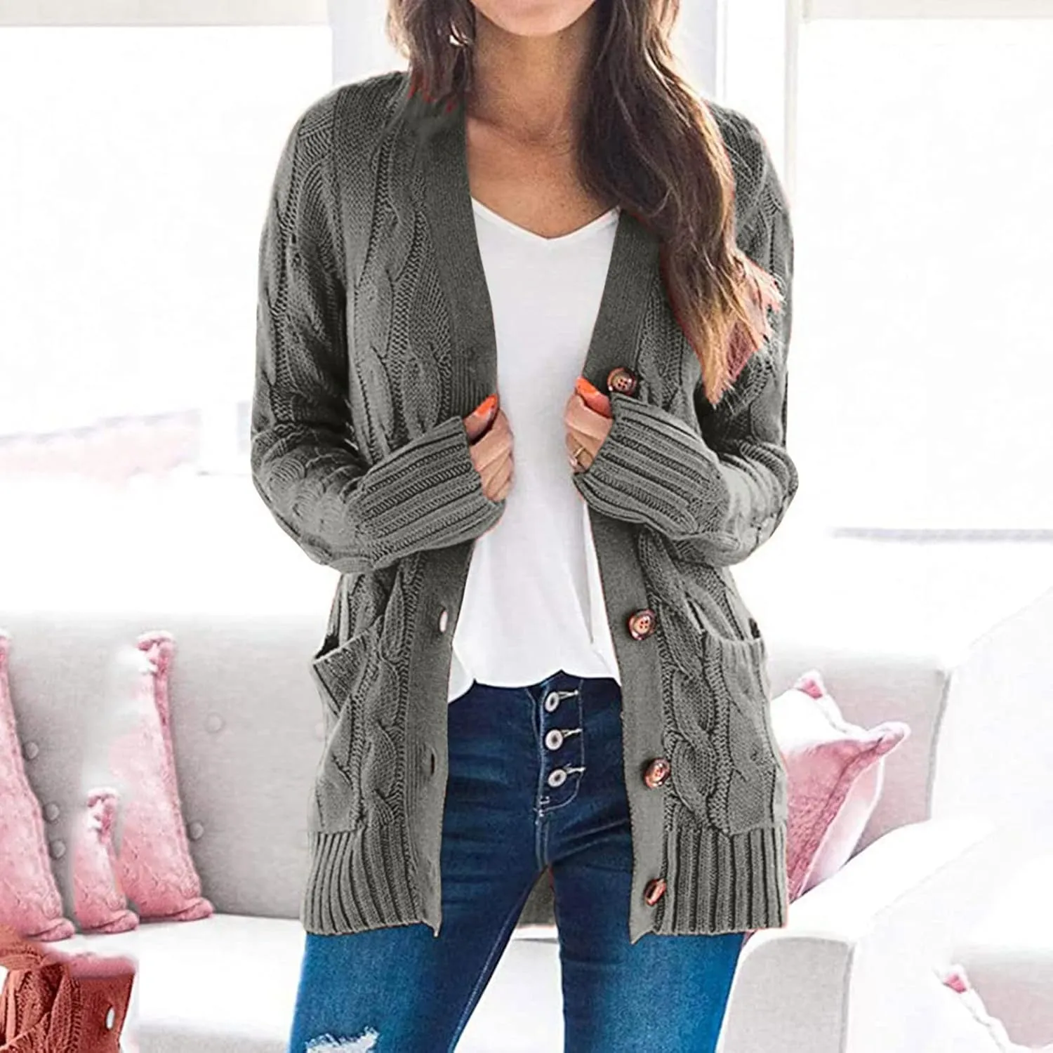 Cardigans for Women Open Front Lightweight Casual Button Down Outfits Fall Fashion Knit Sweater Outwear with Pocket