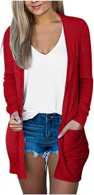 Casual Solid Cardigan Sweaters for Women Fall Open Front Coat Lightweight Knitted Oversized Outwear with Pockets