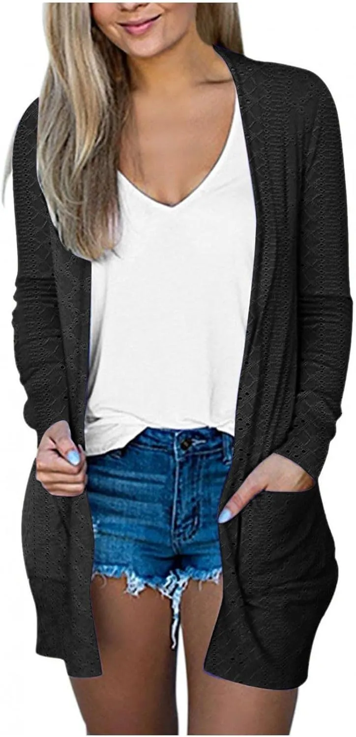 Casual Solid Cardigan Sweaters for Women Fall Open Front Coat Lightweight Knitted Oversized Outwear with Pockets