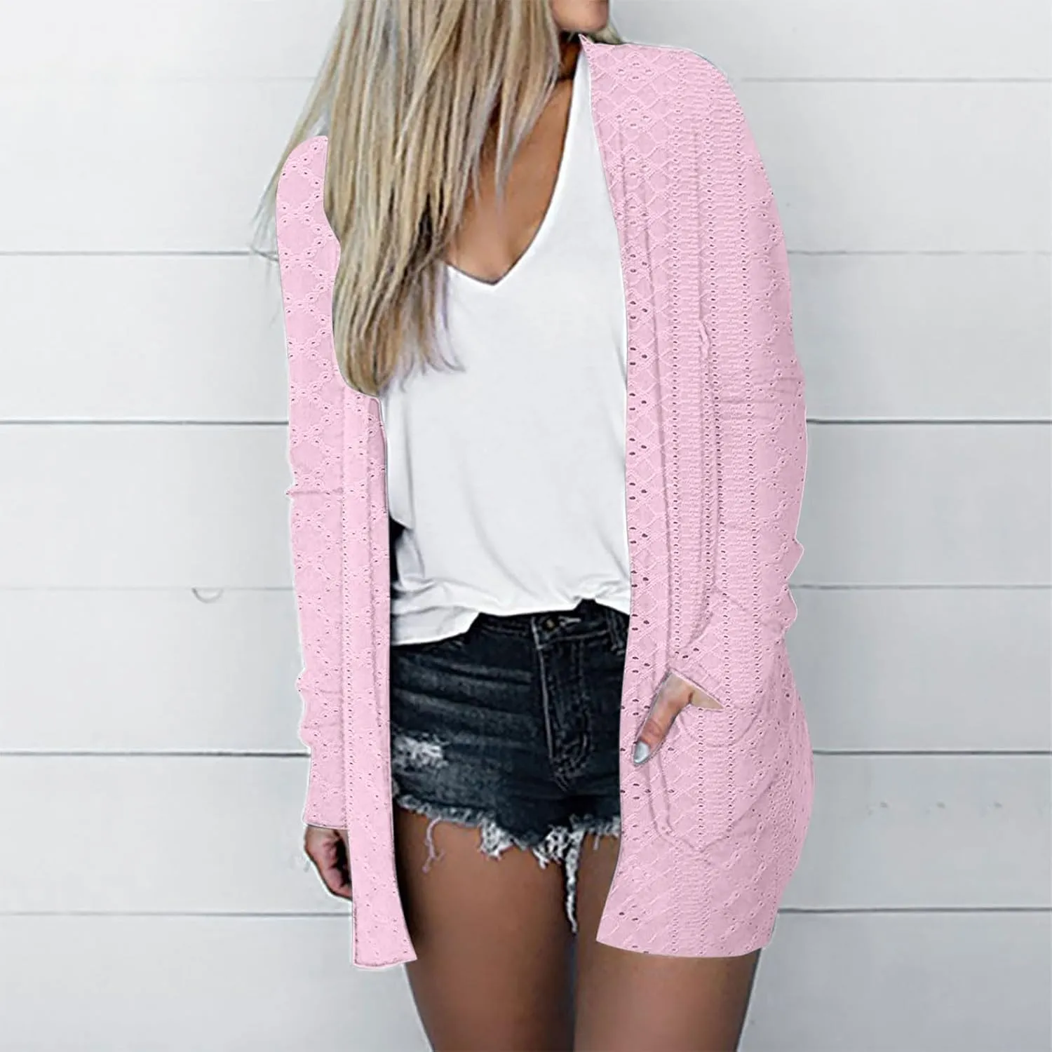 Casual Solid Cardigan Sweaters for Women Fall Open Front Coat Lightweight Knitted Oversized Outwear with Pockets