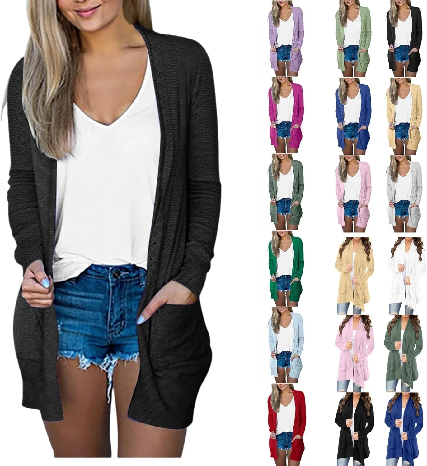 Casual Solid Cardigan Sweaters for Women Fall Open Front Coat Lightweight Knitted Oversized Outwear with Pockets
