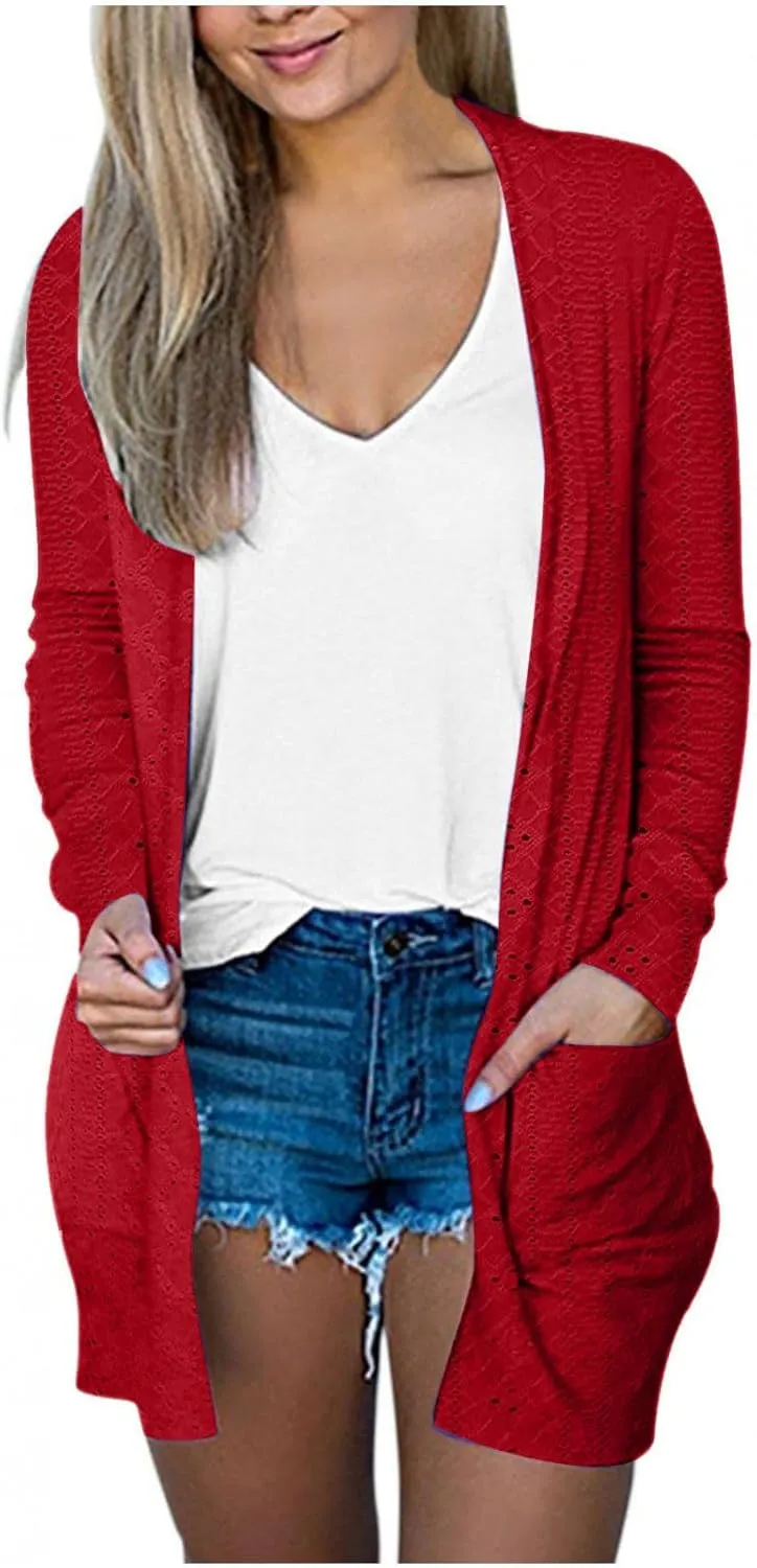 Casual Solid Cardigan Sweaters for Women Fall Open Front Coat Lightweight Knitted Oversized Outwear with Pockets