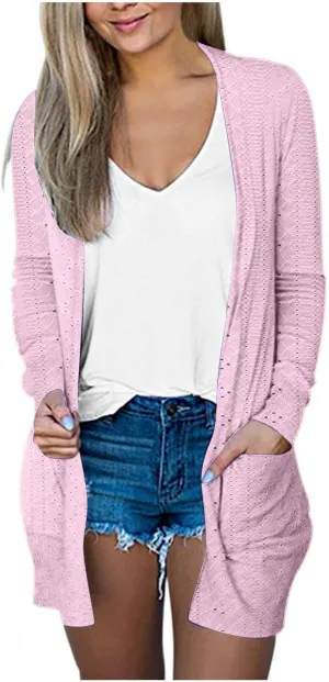 Casual Solid Cardigan Sweaters for Women Fall Open Front Coat Lightweight Knitted Oversized Outwear with Pockets