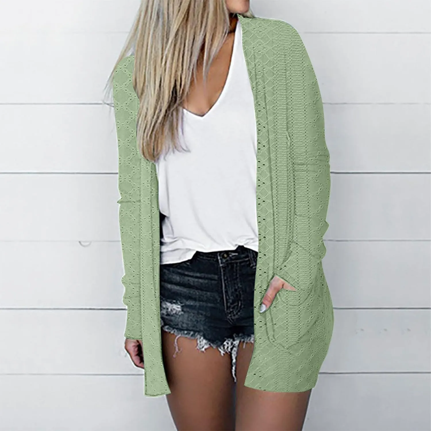 Casual Solid Cardigan Sweaters for Women Fall Open Front Coat Lightweight Knitted Oversized Outwear with Pockets