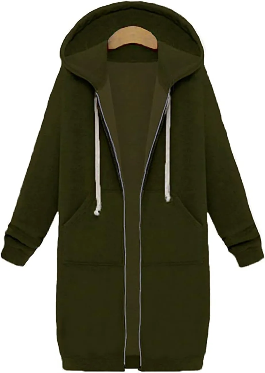 Cdiecer Women Hoodies Zip Up Long Hooded Sweatshirt Jacket Casual Front Cardigan Plus Size Fall Winter Coat with Pockets