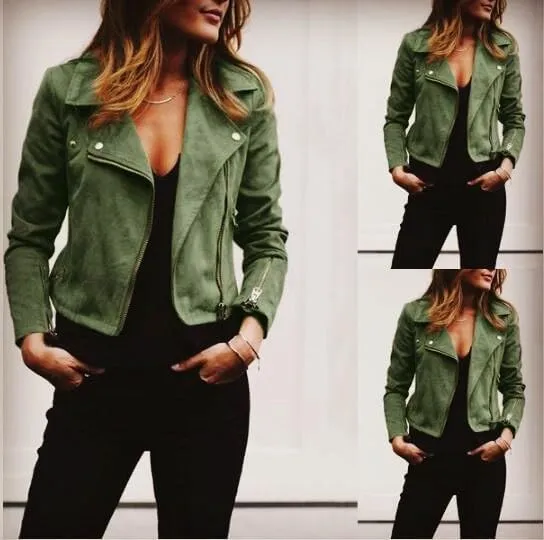 Cdiecer Women's Faux Suede Motocross Jacket Zipped Notch Collar Moto Biker Jacket Lightweight Solid Fitted Slim Coat