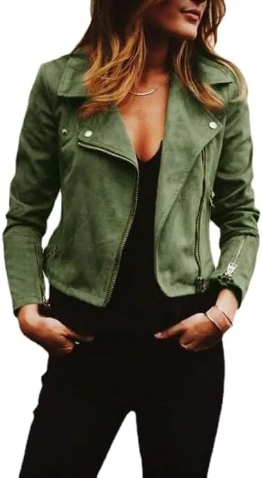 Cdiecer Women's Faux Suede Motocross Jacket Zipped Notch Collar Moto Biker Jacket Lightweight Solid Fitted Slim Coat