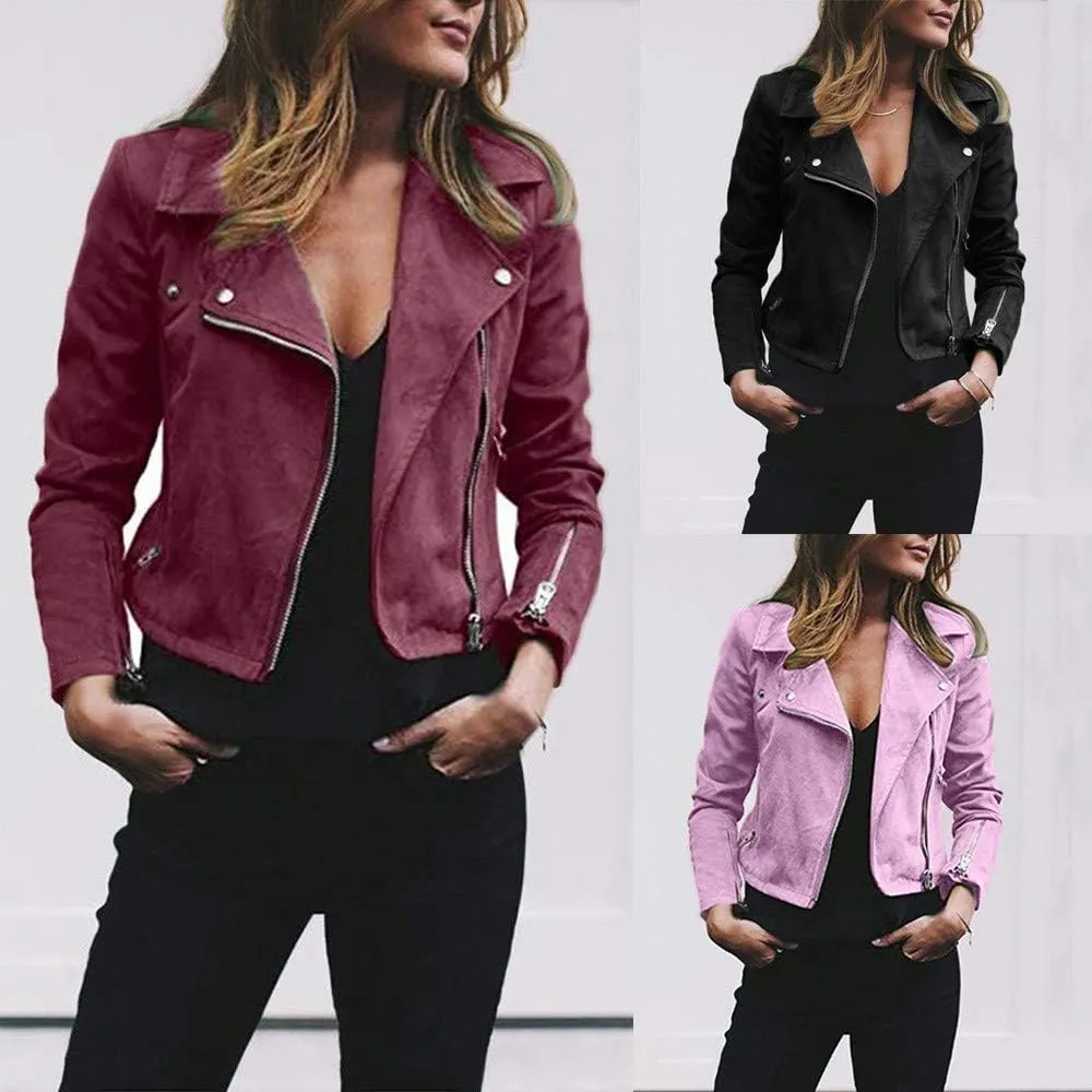Cdiecer Women's Faux Suede Motocross Jacket Zipped Notch Collar Moto Biker Jacket Lightweight Solid Fitted Slim Coat