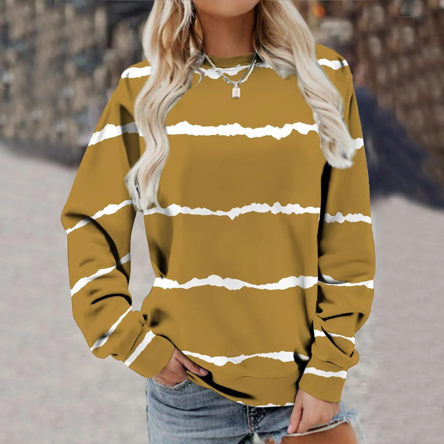 Ceboyel Womens Long Sleeve Shirts Striped Print Sweatshirt Crewneck Pullover Tops Trendy Casual Fall Clothes 2023