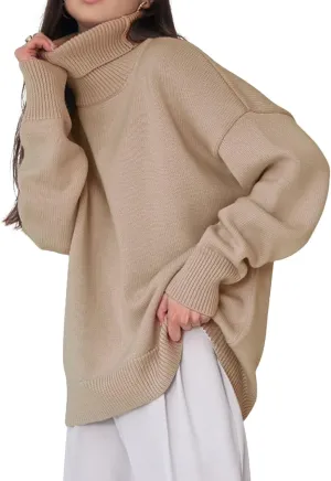 CHARTOU Women Turtleneck Sweater Pullover Fall Knitted Oversized Sweater Knit Top Jumper Knitwear