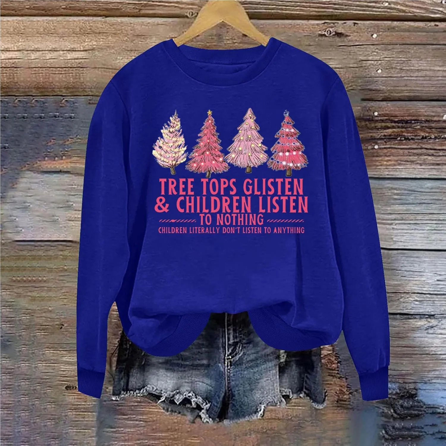 Christmas Sweatshirt for Women Xmas Tree Print Crewneck Long Sleeve Tree Tops Glisten & Children Listen Pullover Tops