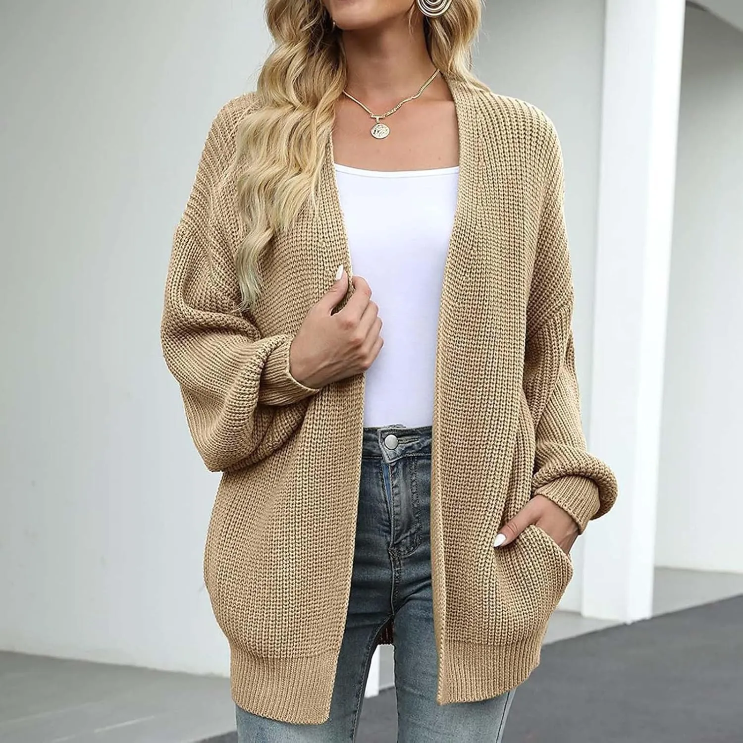 Chunky Cardigan Sweaters for Women Long Sleeve Open Front Cardigan Oversized Knit Sweaters with Pockets