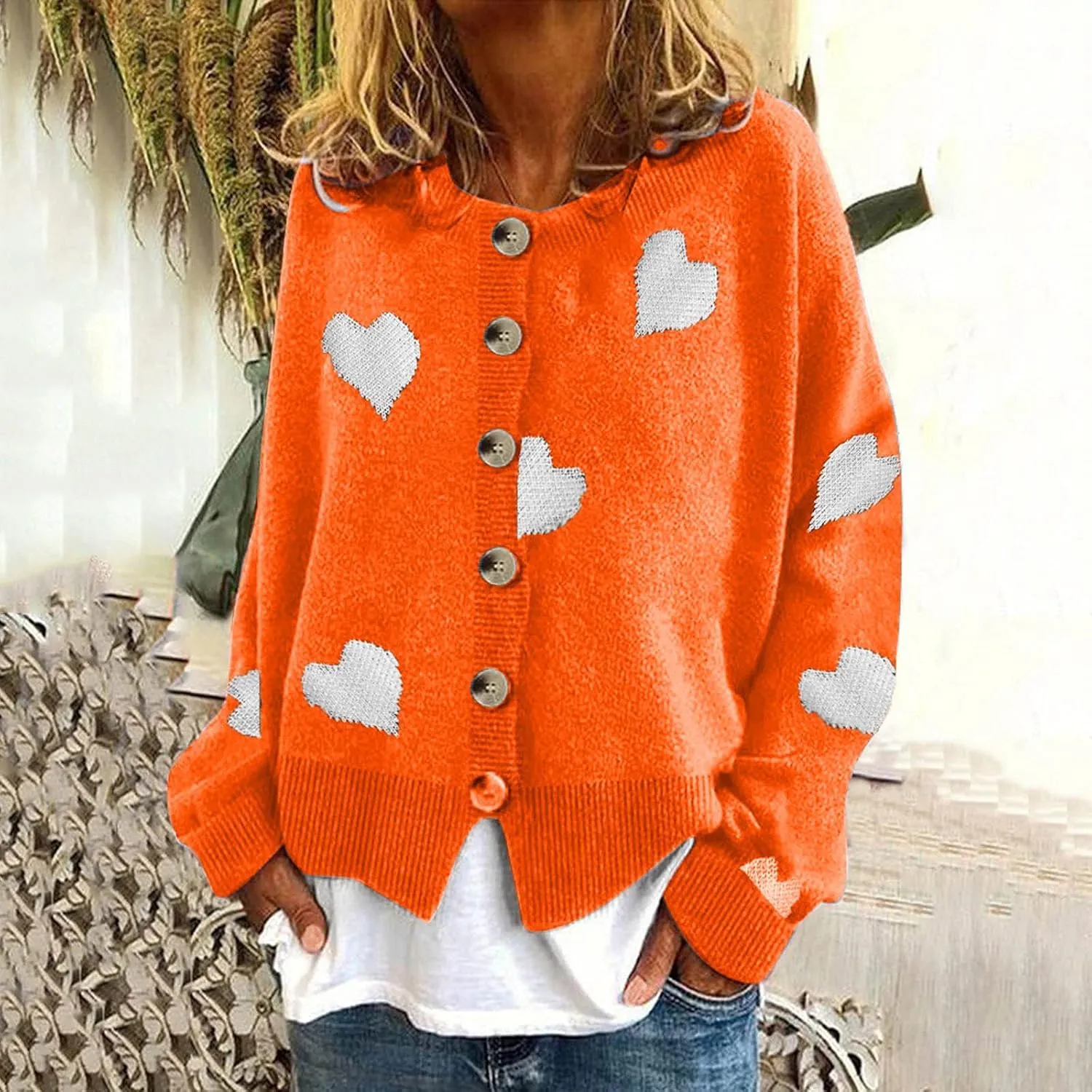 Chunky Knit Sweater Women Heart Graphic Long Sleeve Pullover Tops Crewneck Button Down Plus Size Cardigan Sweaters