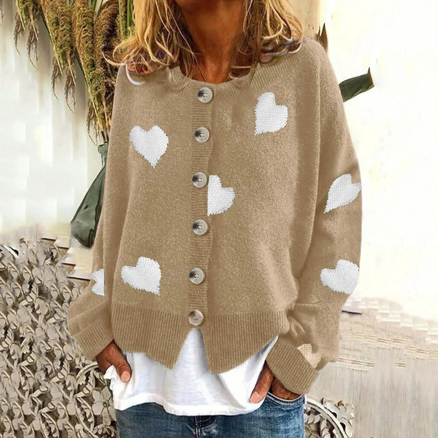 Chunky Knit Sweater Women Heart Graphic Long Sleeve Pullover Tops Crewneck Button Down Plus Size Cardigan Sweaters