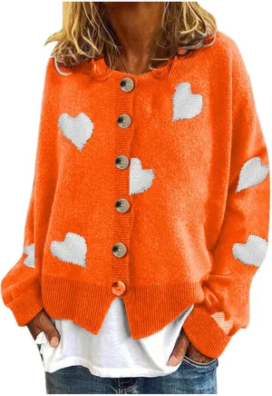 Chunky Knit Sweater Women Heart Graphic Long Sleeve Pullover Tops Crewneck Button Down Plus Size Cardigan Sweaters