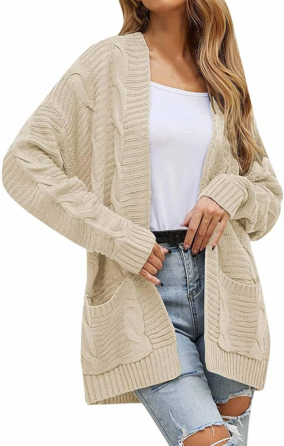 Color Block Cardigan Sweaters for Women Long Sleeve Cardigan Cable Knit Open Front Cardigan with Pockets