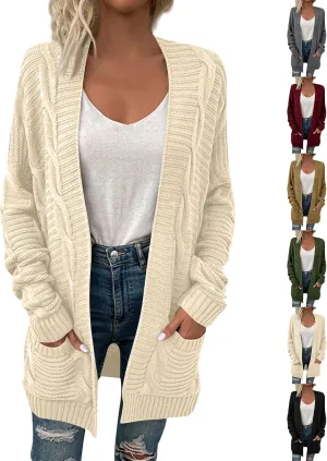 Color Block Cardigan Sweaters for Women Long Sleeve Cardigan Cable Knit Open Front Cardigan with Pockets