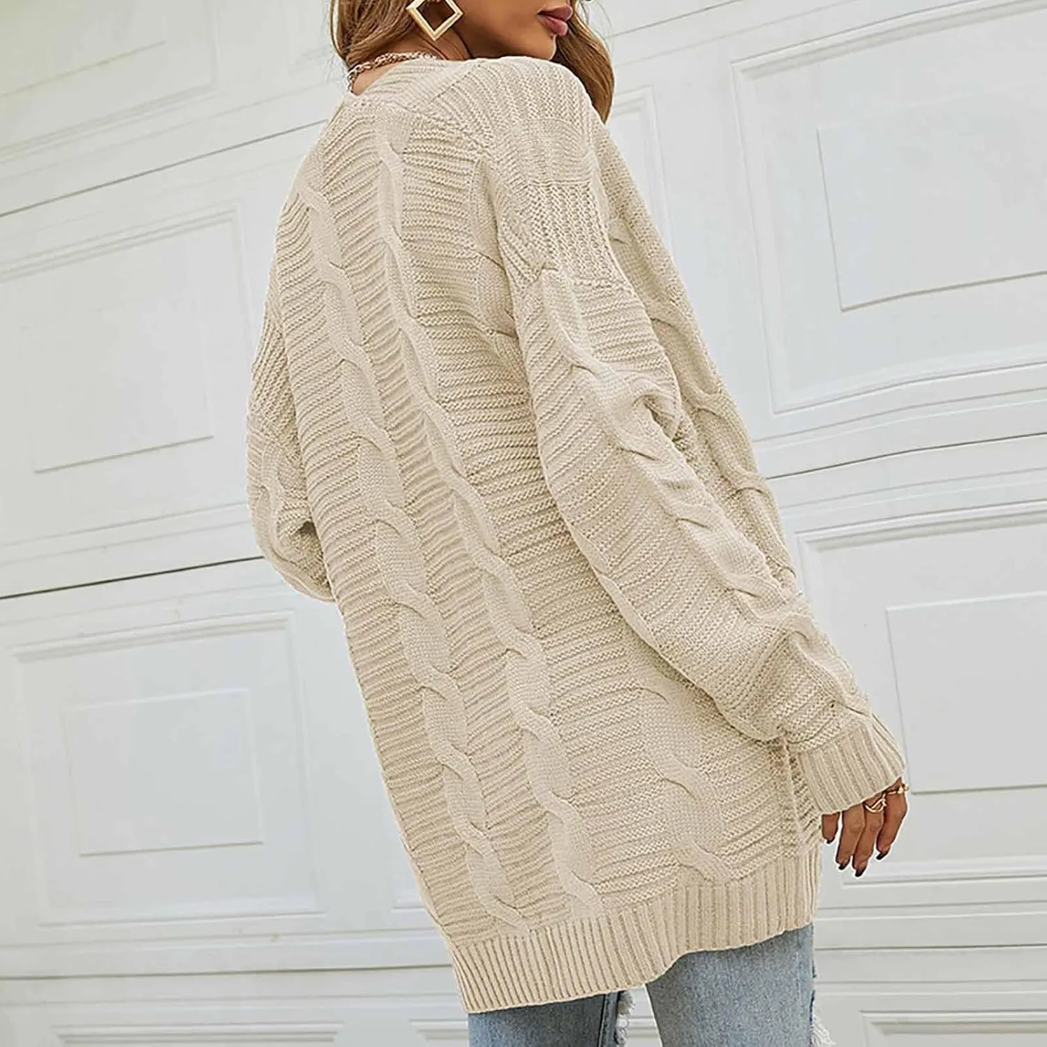Color Block Cardigan Sweaters for Women Long Sleeve Cardigan Cable Knit Open Front Cardigan with Pockets