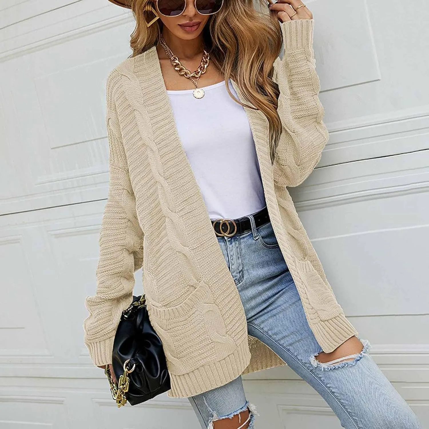 Color Block Cardigan Sweaters for Women Long Sleeve Cardigan Cable Knit Open Front Cardigan with Pockets