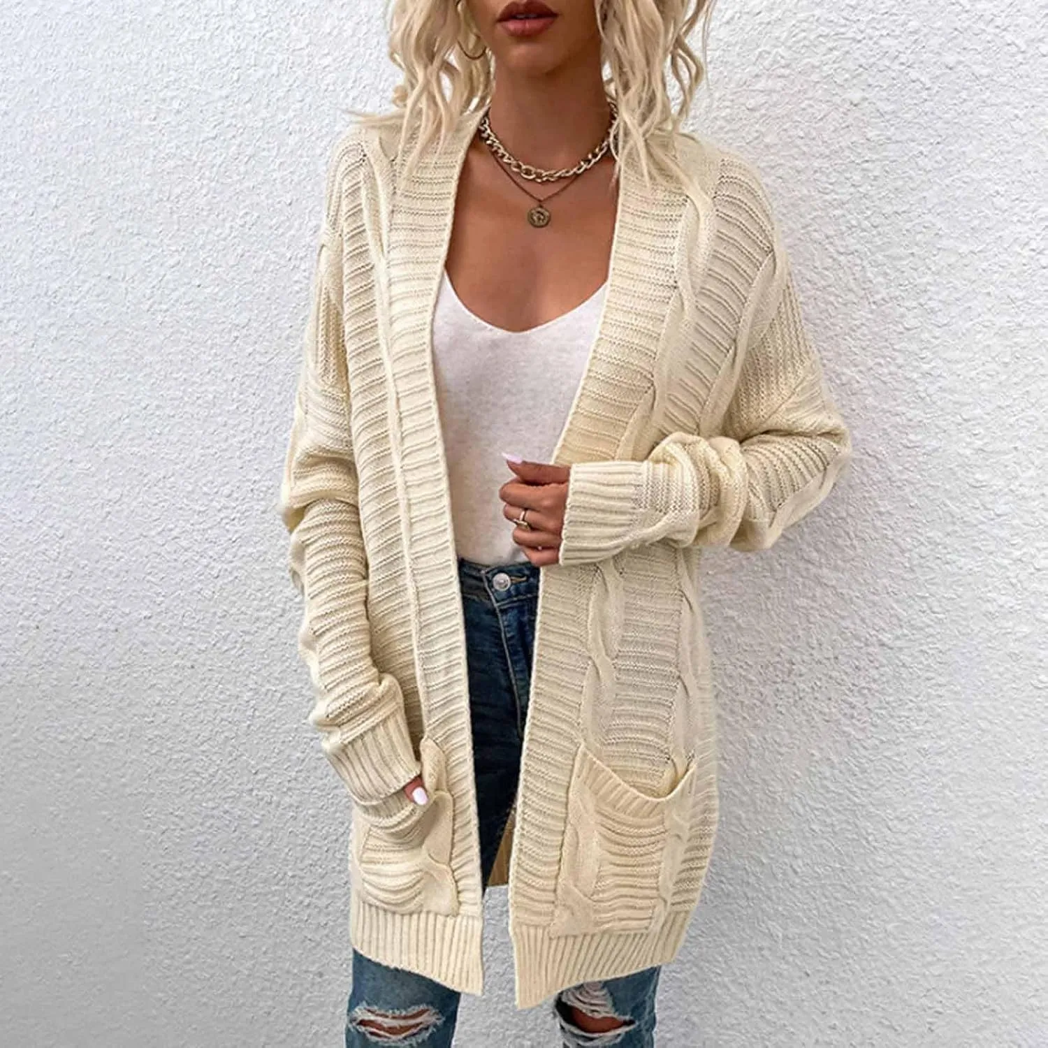 Color Block Cardigan Sweaters for Women Long Sleeve Cardigan Cable Knit Open Front Cardigan with Pockets