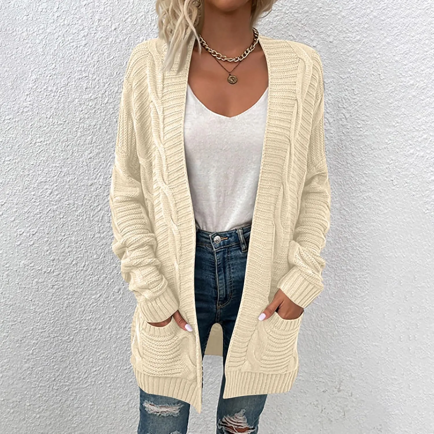 Color Block Cardigan Sweaters for Women Long Sleeve Cardigan Cable Knit Open Front Cardigan with Pockets