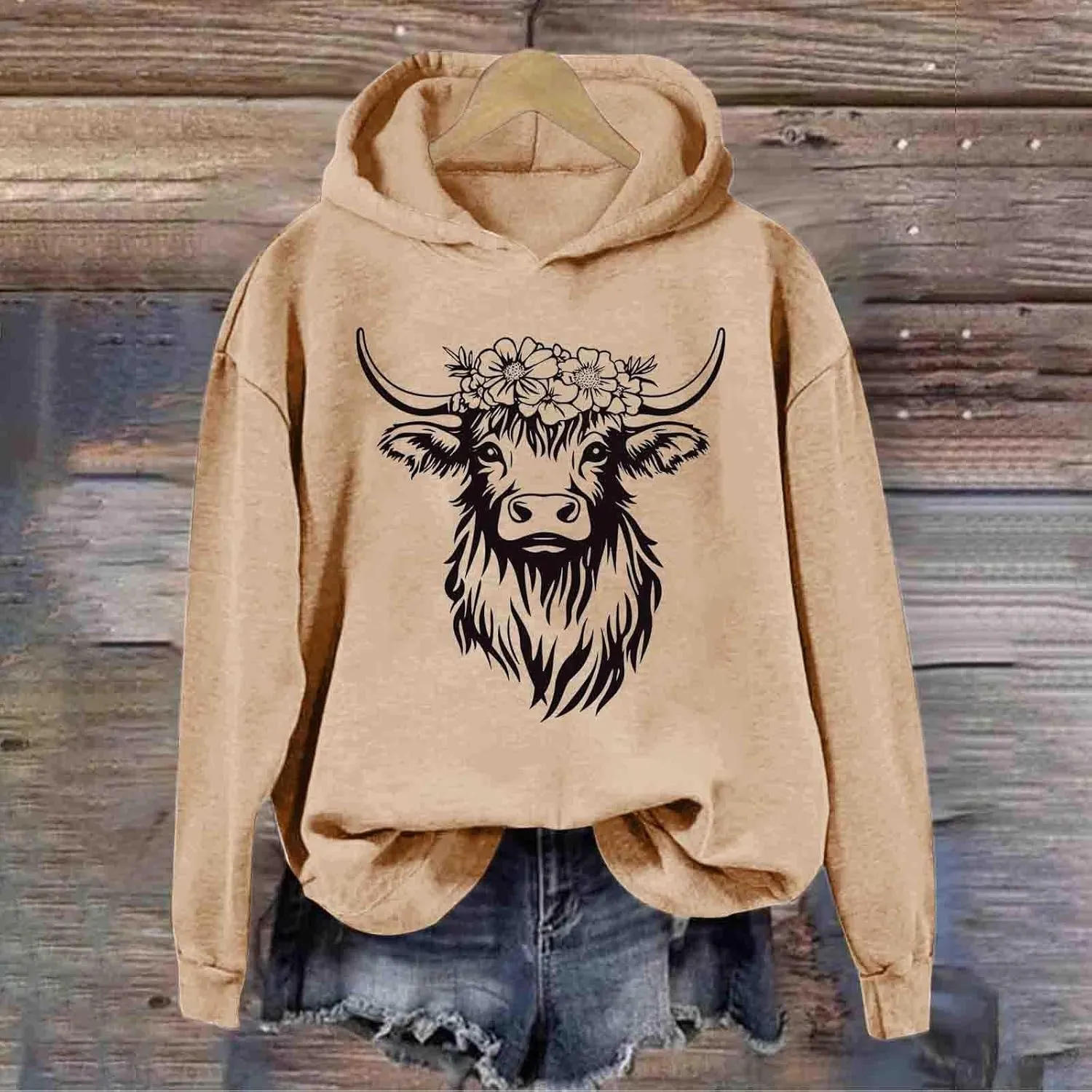 Cow Graphic Hoodie Women Funny Animal Oversize Pullover Sweatshirt Cute Cow Winter Casual Hoodie Cozy Christmas Outfit