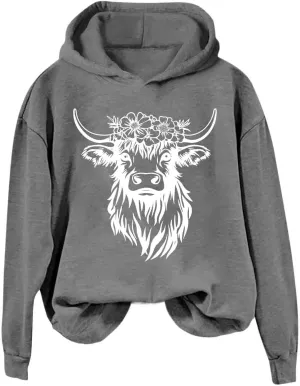 Cow Graphic Hoodie Women Funny Animal Oversize Pullover Sweatshirt Cute Cow Winter Casual Hoodie Cozy Christmas Outfit