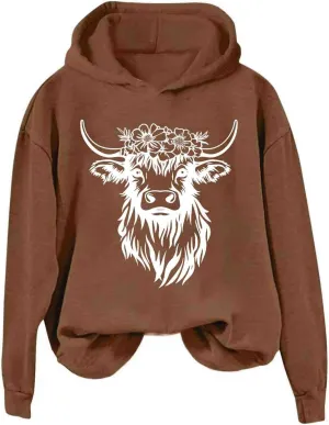 Cow Graphic Hoodie Women Funny Animal Oversize Pullover Sweatshirt Cute Cow Winter Casual Hoodie Cozy Christmas Outfit