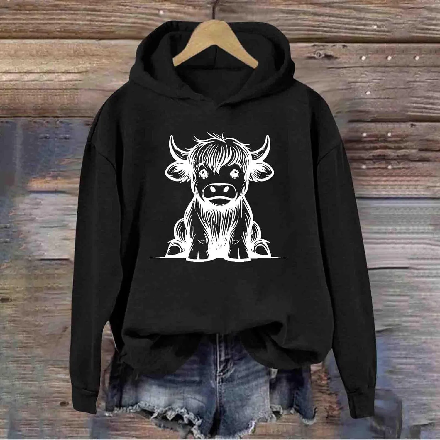Cow Graphic Hoodie Women Funny Animal Oversize Pullover Sweatshirt Cute Cow Winter Casual Hoodie Cozy Christmas Outfit