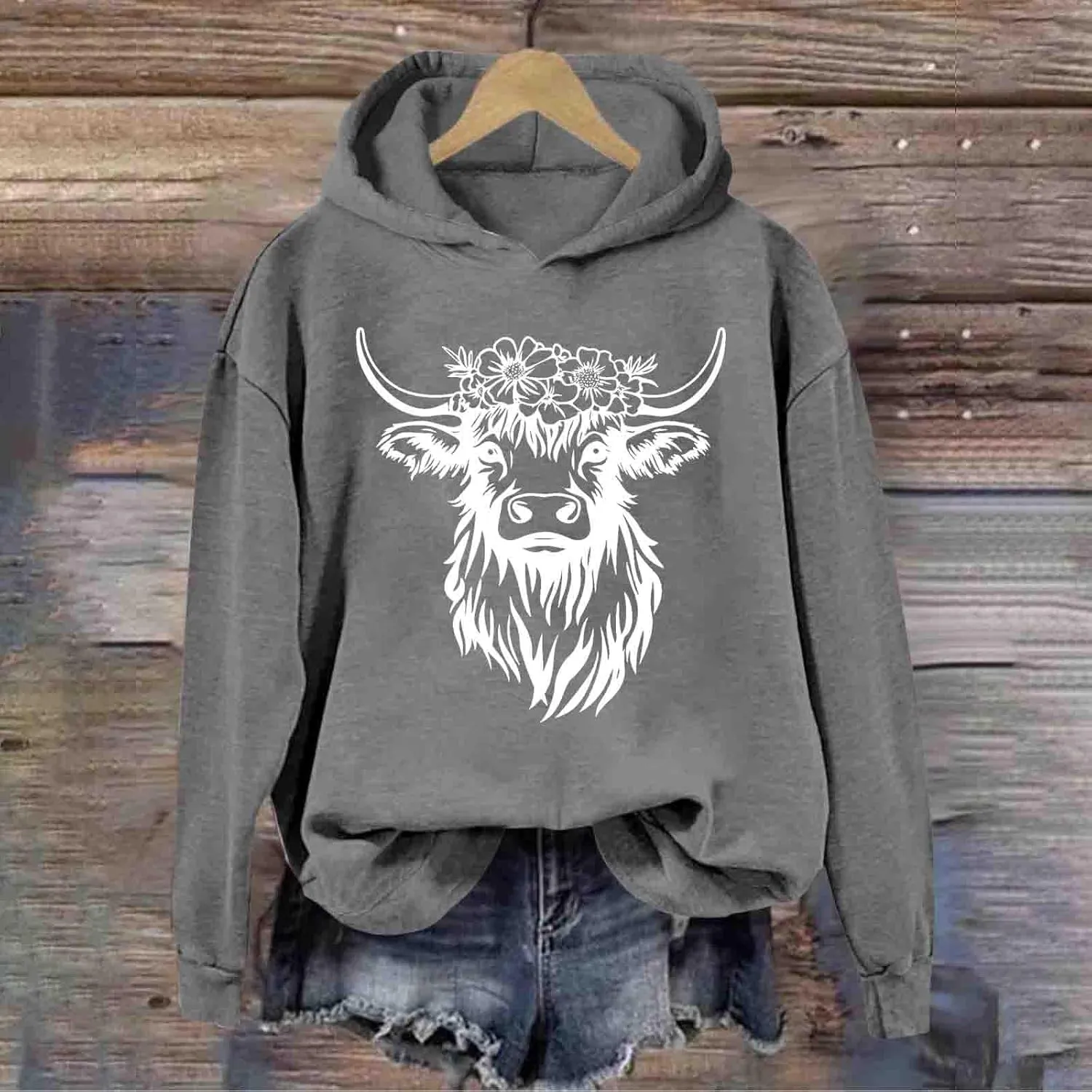 Cow Graphic Hoodie Women Funny Animal Oversize Pullover Sweatshirt Cute Cow Winter Casual Hoodie Cozy Christmas Outfit