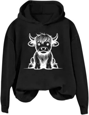 Cow Graphic Hoodie Women Funny Animal Oversize Pullover Sweatshirt Cute Cow Winter Casual Hoodie Cozy Christmas Outfit