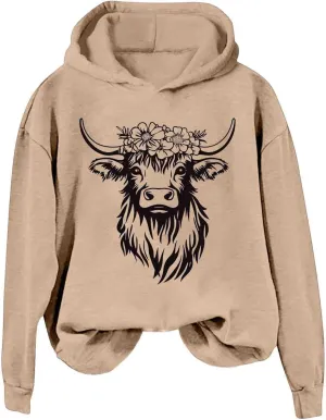 Cow Graphic Hoodie Women Funny Animal Oversize Pullover Sweatshirt Cute Cow Winter Casual Hoodie Cozy Christmas Outfit