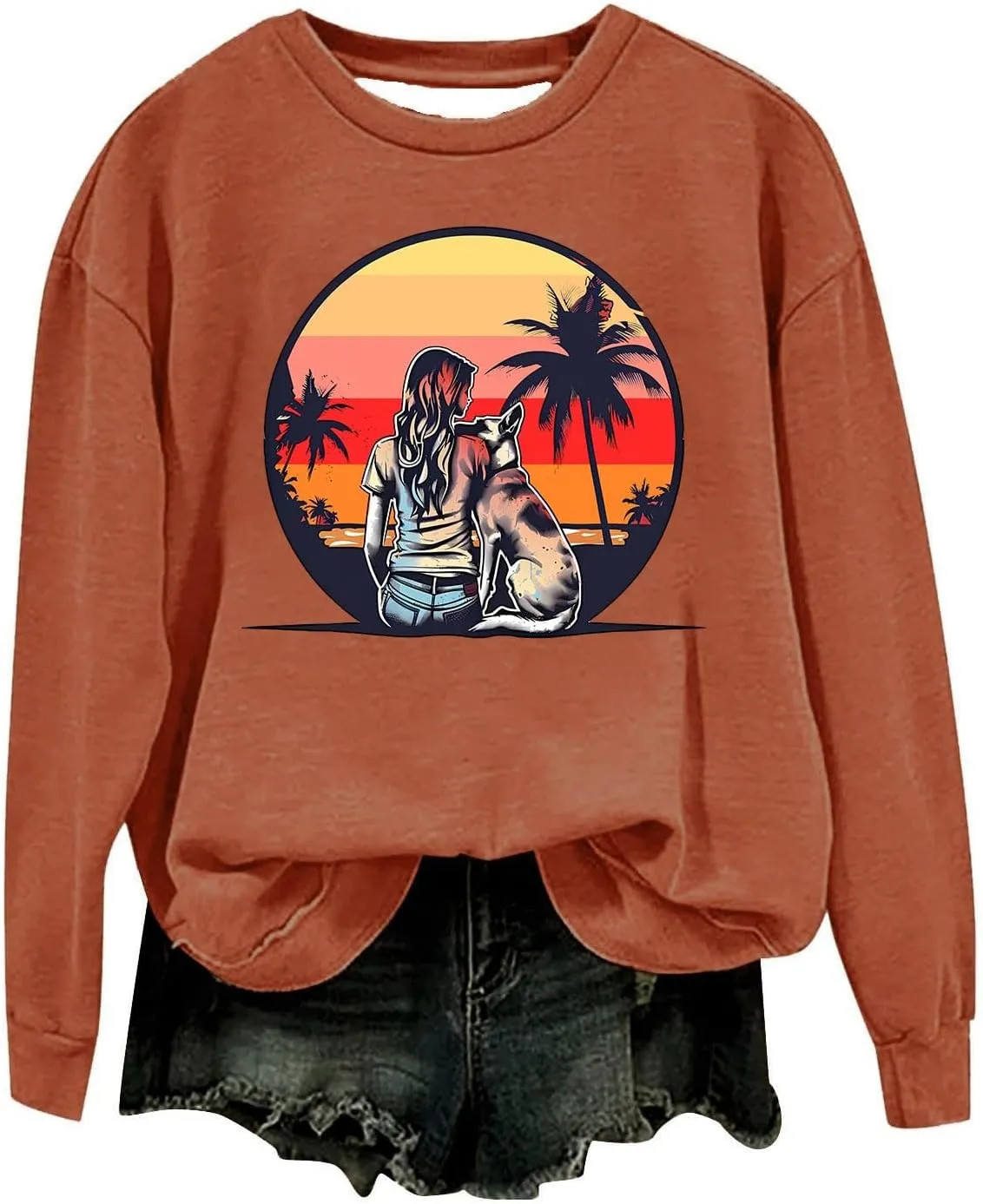Crew Neck Sweatshirts Women Long Sleeve Casual Loose Fit Graphic Print Pullover Tops Fleece Lightweight Fashion Tops