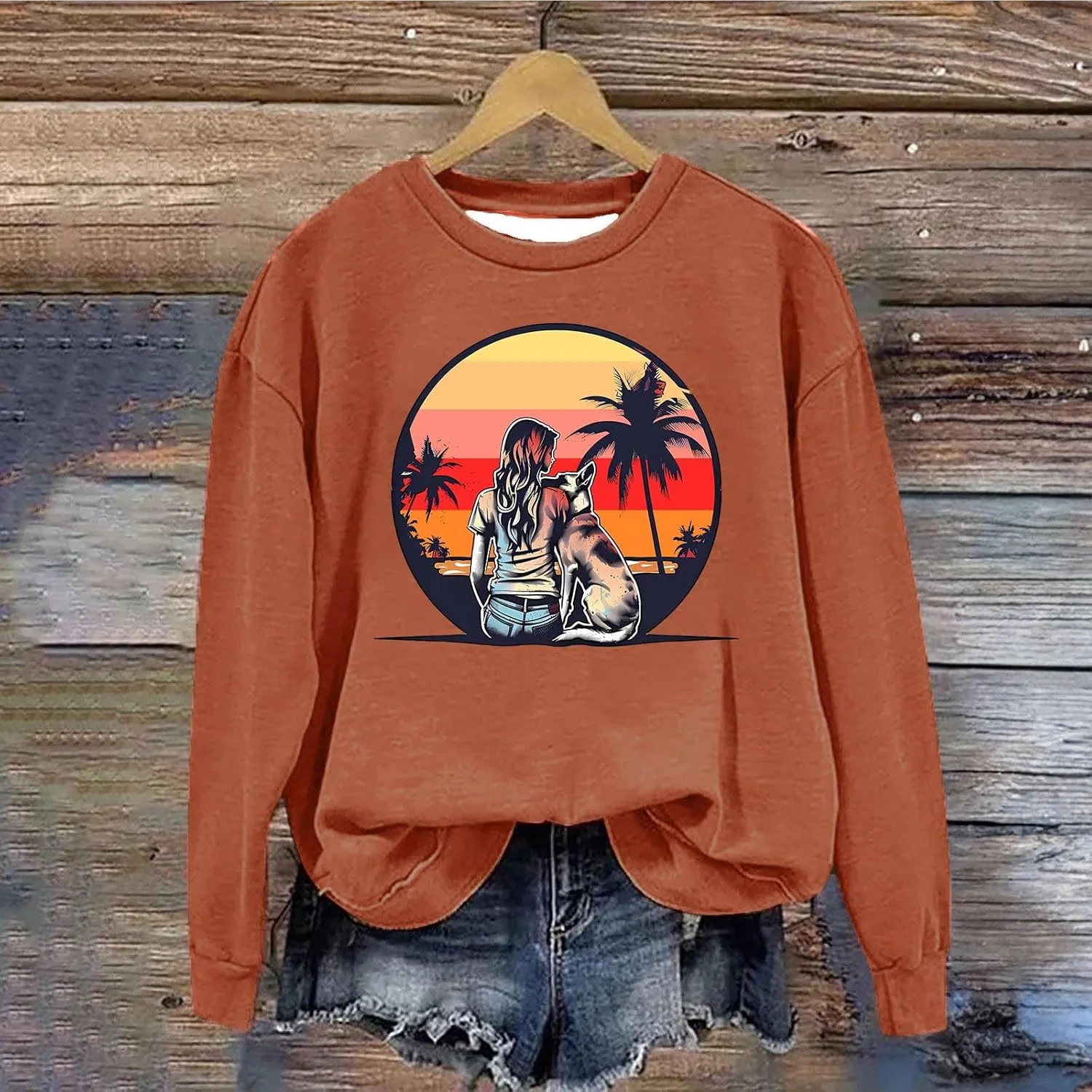 Crew Neck Sweatshirts Women Long Sleeve Casual Loose Fit Graphic Print Pullover Tops Fleece Lightweight Fashion Tops