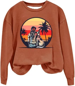 Crew Neck Sweatshirts Women Long Sleeve Casual Loose Fit Graphic Print Pullover Tops Fleece Lightweight Fashion Tops