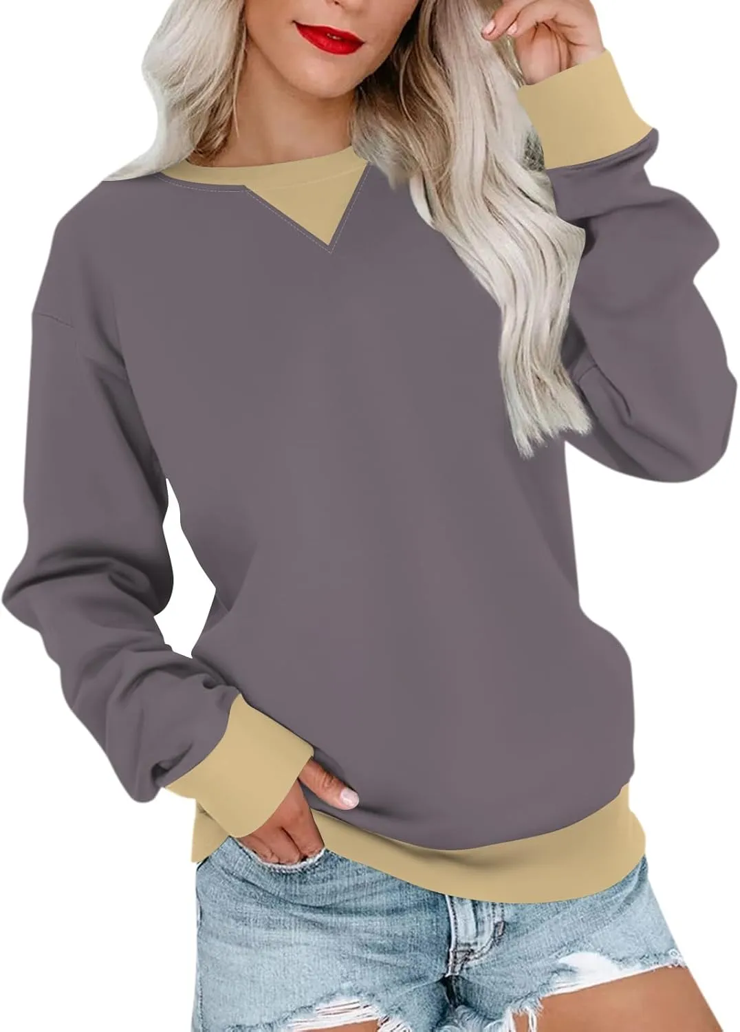Crewneck Sweatshirts for Women Y2k Color Block Oversized Sweater Tops Drop Shoulder Causal Soft Comfy Pullover