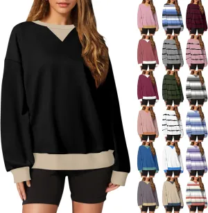 Crewneck Sweatshirts for Women Y2k Color Block Oversized Sweater Tops Drop Shoulder Causal Soft Comfy Pullover