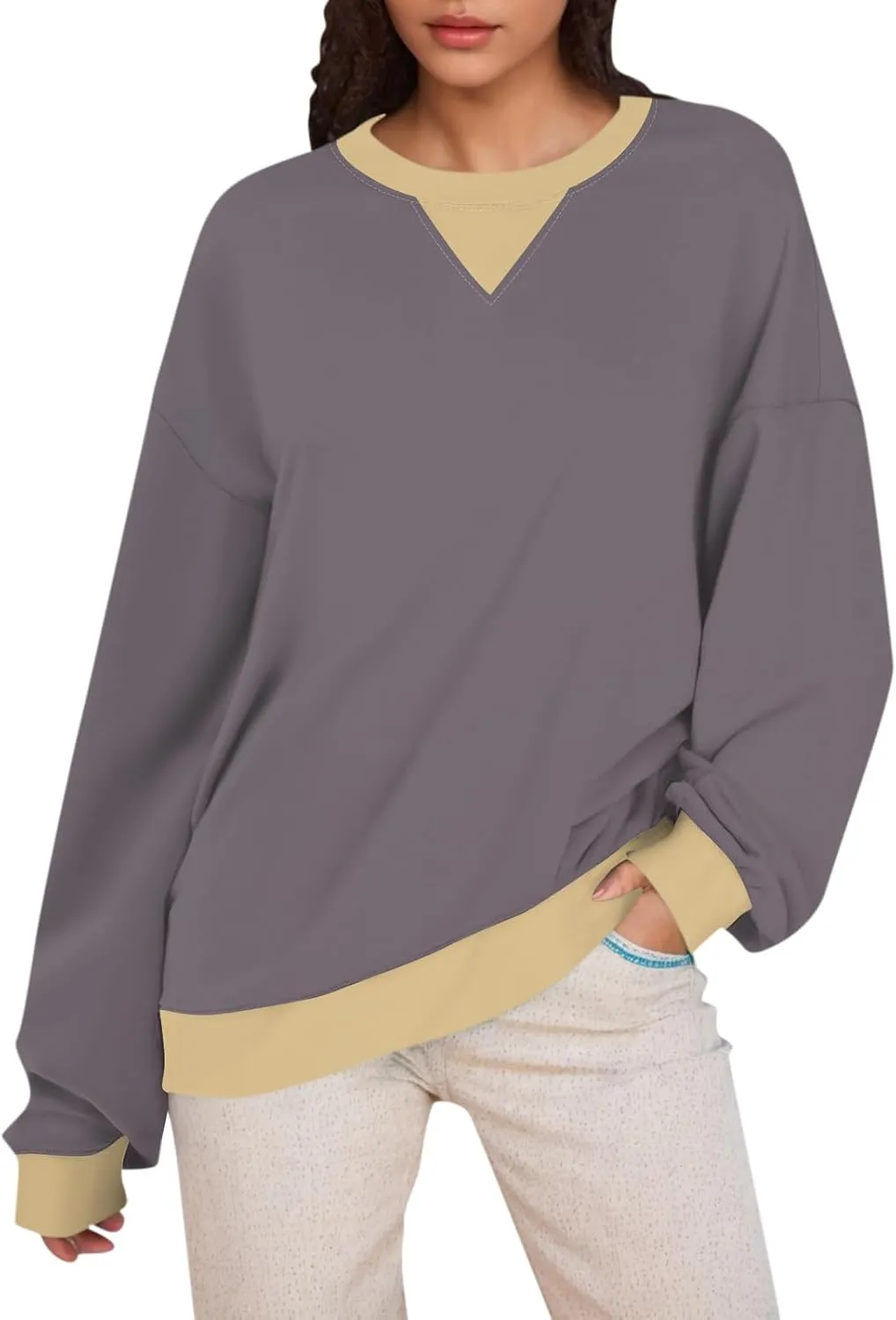 Crewneck Sweatshirts for Women Y2k Color Block Oversized Sweater Tops Drop Shoulder Causal Soft Comfy Pullover