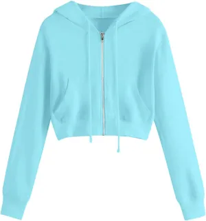 Cropped Hooded Sweatshirts for Women Fleece Full Zip Up Hoodies 90S Long Sleeve Y2k Clothes Jacket Top with Pockets