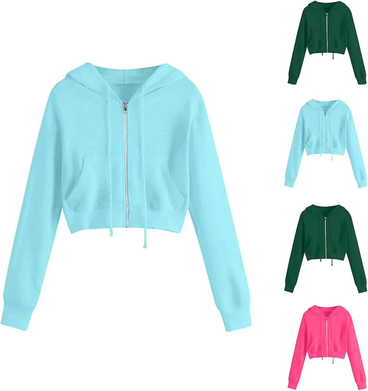 Cropped Hooded Sweatshirts for Women Fleece Full Zip Up Hoodies 90S Long Sleeve Y2k Clothes Jacket Top with Pockets
