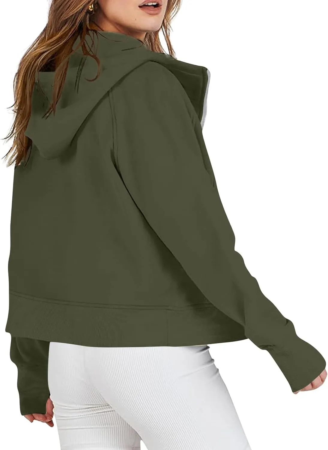 Cropped Hoodie Women Zip Pullover Thumb Hole Fall Hoodies Comfy Solid Long Sleeve Shirts Winter Clothes With Pockets